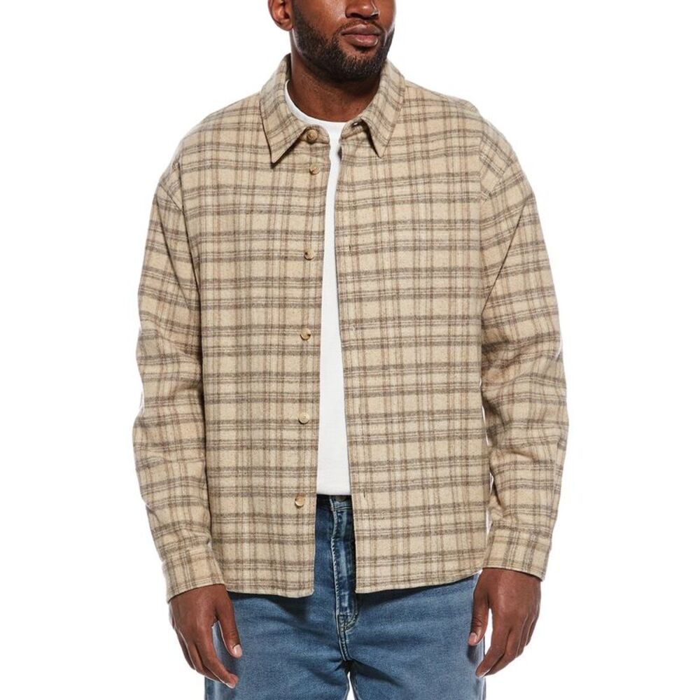 Frame Denim Mens Wool-Blend Plaid Overshirt, Brown